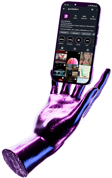 3D chrome hand holding a phone with the Dart Instagram profile
